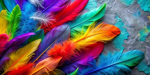 Close up image of colorful feathers on a textured surface