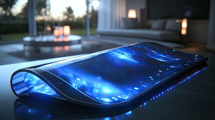 Foldable smartphone, thin and flexible, partially folded on a glass table, under soft indoor lighting