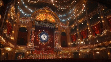Obraz premium Magical Christmas Theater Interior with Glowing Lights and Decorations