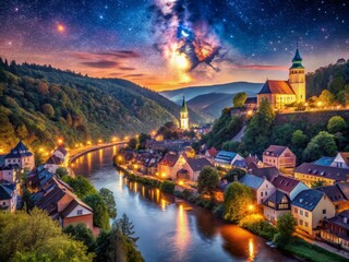 Panoramic cityscape of a European city with a river flowing through it, featuring ancient architecture, a castle, and a bridge, all bathed in the golden light of a sunset