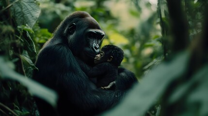 Obraz premium Gorilla Mother Embracing Infant in Lush Jungle Habitat