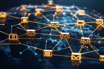 A global network of mailboxes connected by lines showing mail routes