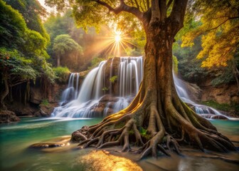 Cascading waterfall hidden power flows smoothly around giant, ancient tree roots, highlighting the harmony between nature's elements and the soft, warm lighting.