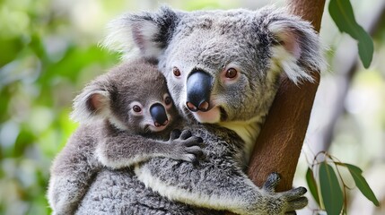 Obraz premium Koala Mother Caring for Her Joey in Eucalyptus Tree Highlighting Australian Wildlife Protection