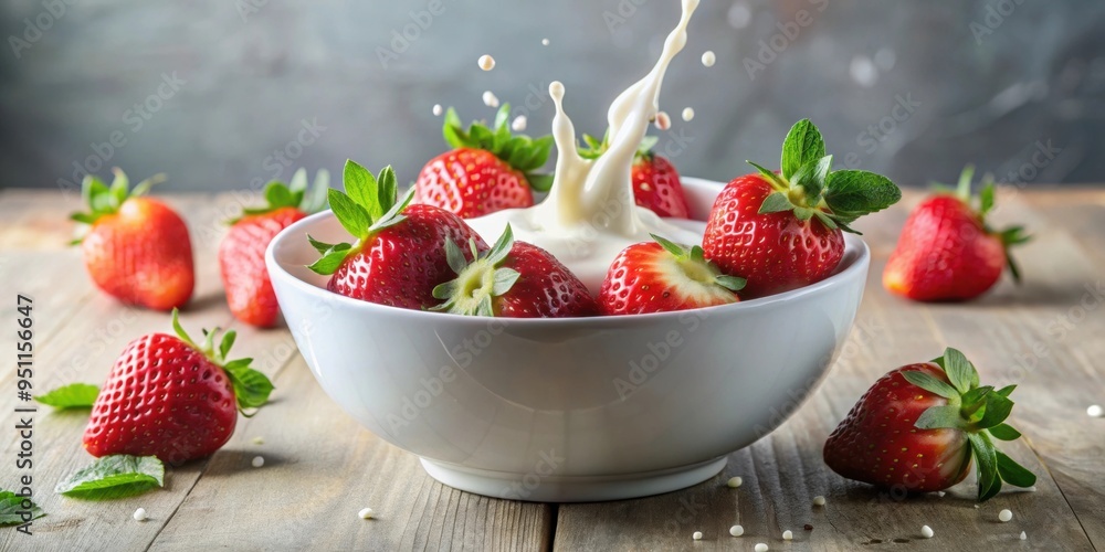 Poster Fresh strawberries in a bowl with creamy milk poured over the top, strawberries, fruit, milk, breakfast, healthy, sweet, red