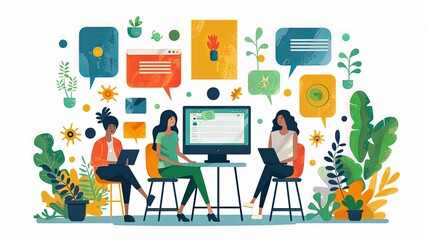 Cartoon characters graphic design workers, online chats and abstract web page frames. Geometric shapes, online worker concept with laptop in doodle style. Creative people artists with pencils