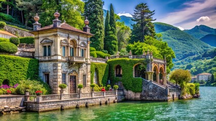 Fototapeta premium Lake Como in June highlighting the intricate stonework and ornate details of a historic lakeside building