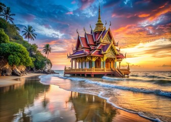 Thai Coast (Beautiful beaches, islands, and vibrant culture) in the morning, a majestic composition of a beachside Buddhist temple, with its vibrant colors and intricate carvings