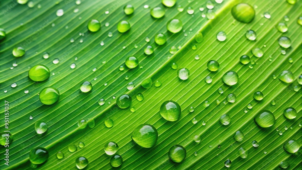 Sticker Water drops glistening on a vibrant green banana leaf , nature, tropical, raindrops, fresh, dew, macro, plant, close-up