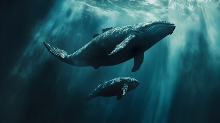Fototapeta premium Majestic Whale and Calf Swimming in the Depths of the Ocean Embodying Marine Conservation