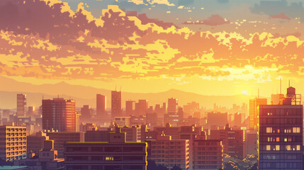 Sunset over a city skyline with warm, golden light and scattered clouds