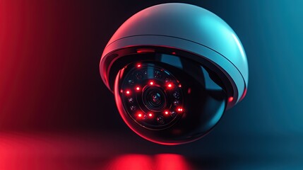 Wireless security camera with motion detection, small and black, glowing red light, under bright studio lighting