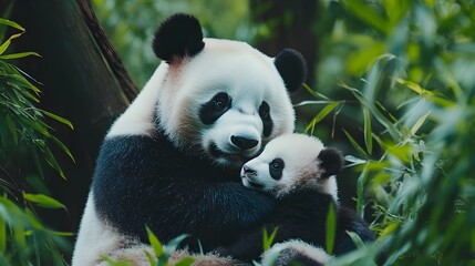 Naklejka premium Protective Panda Mother Cradling Her Endangered Cub in Lush Bamboo Forest
