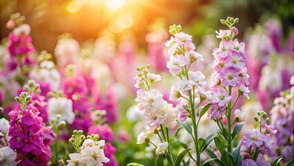 Delicate matthiola incana flowers in a sun-kissed Mediterranean garden setting