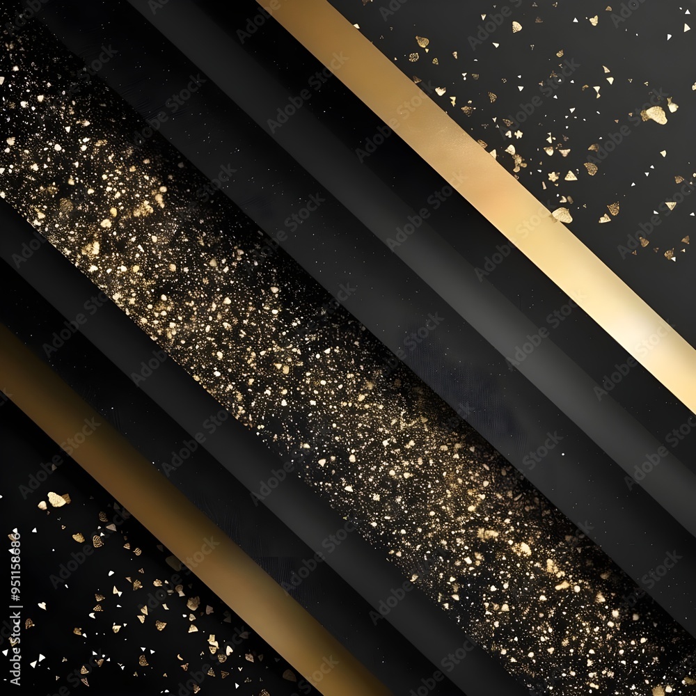 Poster a dynamic design featuring diagonal black and gold stripes adorned with scattered gold glitter, crea