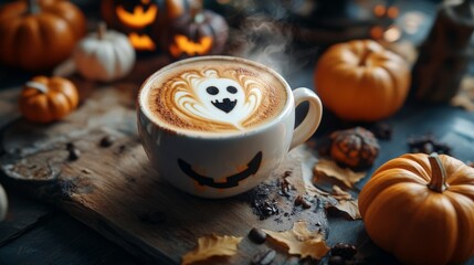 A spooky Halloween coffee with ghost latte art surrounded by pumpkins and leaves, creating a festive autumn ambiance.