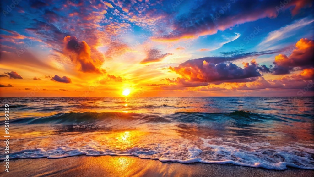 Poster Vibrant sunset reflecting on calm ocean waves, sunset, sea, sun, horizon, water, sky, reflection, tranquil, peaceful, colorful