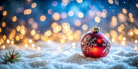 Festive Christmas ornament in snowy landscape with bokeh lights