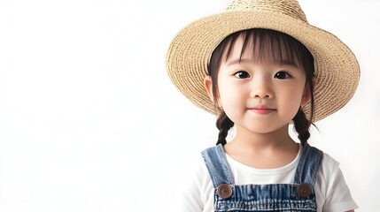 Adorable Asian Child Dressed as Farmer on White Background