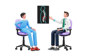 Doctor orthopedist treating patient suffering from back pain 3d illustration. Orthopedics and traumatology 3d illustration