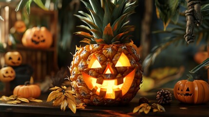 Creative tropical Halloween decor with a carved pineapple lantern, surrounded by small pumpkins and autumn leaves.