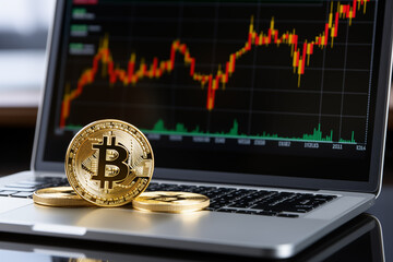 Close up of three golden bitcoin on silver laptop displaying red stock trading graph on monitor screen