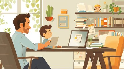 Cartoon vector parent balancing work and childcare in a home office