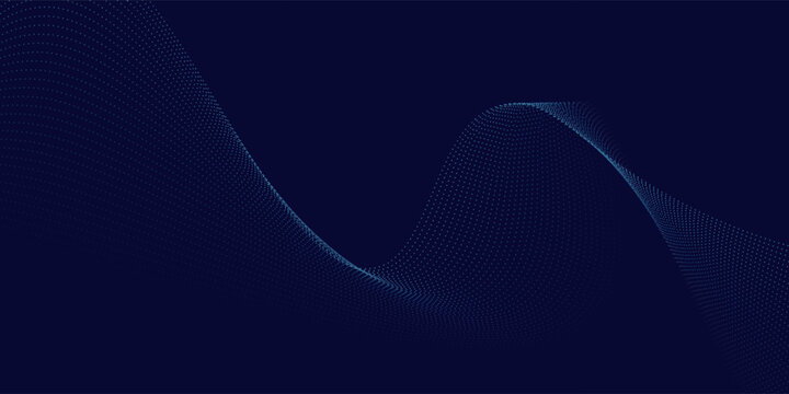 Dark blue abstract background, vector waves of flowing particles, curved lines of moving dots, technology and science theme, airy and easy