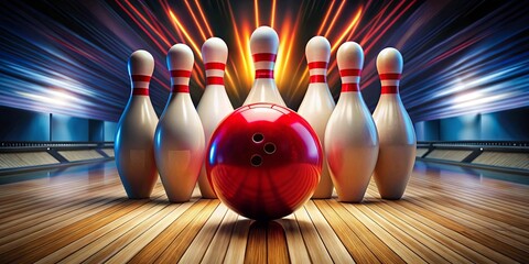 Vibrant image of a bowling strike with a red ball knocking down all ten pins on the lane