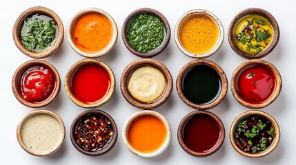 An assortment of colorful sauces, neatly arranged in rustic bowls, on a clean white surface, topdown view