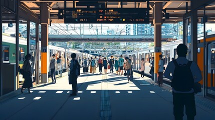 Fototapeta premium Bustling Train Station Entrance with Commuters in Motion