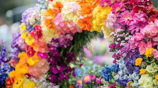 Rainbow-colored flowers arranged in a stunning arc, showcasing the beauty of nature's diversity in a fiori colori arcobaleno display