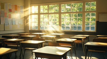 Classroom with an empty teachers desk, sunlight streaming through the windows, reflecting dedication and patience, World Teachers Day