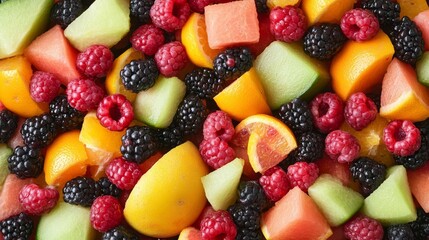 Obraz premium Colorful fruit salad with a mix of berries, citrus, and melon, rich in antioxidants, brain health focus