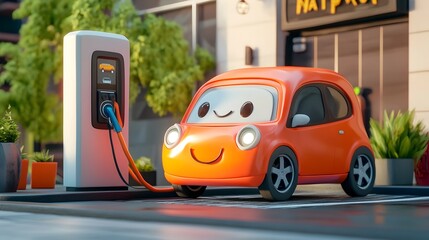 Fototapeta premium Cheerful 3D Clay Electric Car Charging at a Futuristic Station