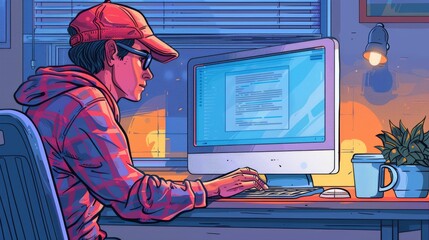 Cartoon vector remote worker typing on a computer with a coffee mug nearby