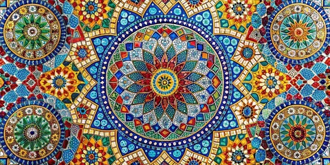 Abstract mosaic design featuring vibrant colors with intricate tiled patterns creating ornate splendor