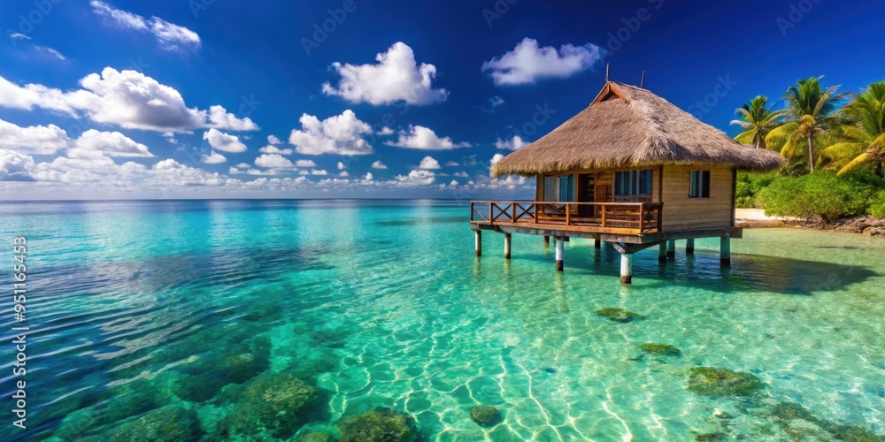 Sticker Tropical hut standing over crystal clear waters, tropical, hut, water, blue, ocean, vacation, getaway, relaxation, peaceful