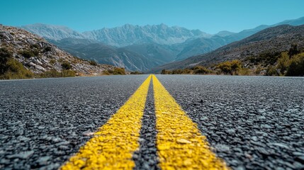 Asphalt highway, close-up, leading through rugged mountains, clear blue sky overhead