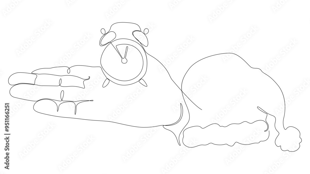 Aufkleber one continuous line of alarm clock with santa claus hat. thin line illustration vector time of chris