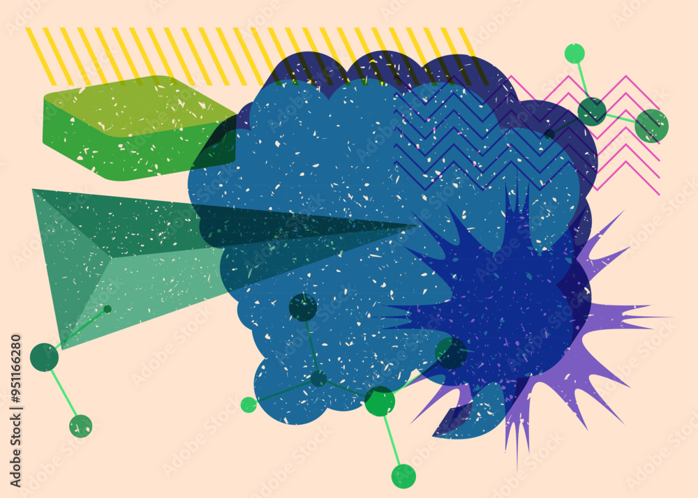 Poster risograph speech bubble with geometric shapes. objects in trendy riso graph print texture style desi