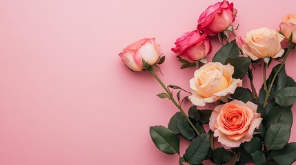 Vibrant bouquet of roses isolated on a soft pink background, showcasing their delicate petals and natural beauty