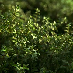 A close-up image of fresh green thyme leaves, capturing the intricate texture and vibrant color, ideal for illustrating fresh herbs used in cooking and garnishing.