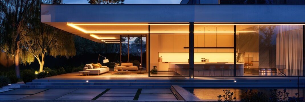 Modern Home Exterior with Warm Lighting