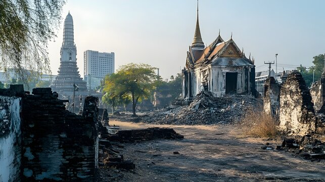 Crumbling Wat Ratchanadda with Loha Prasat in Gloomy Desolate Cityscape