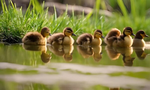 Baby Ducklings: Film a line of baby ducklings waddling behind their mother, all heading towards a nearby pond.