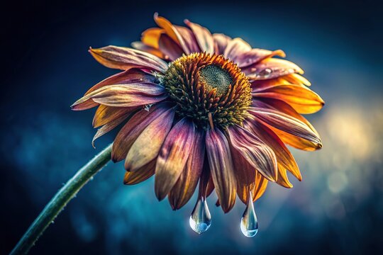 * The wilting flower's final tear sparkles like a solitary jewel in the fading light of financial ruin.