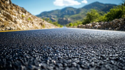 Close-up view of the asphalt road, framed by rocky mountains, under a bright, clear sky