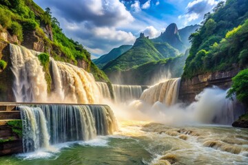 Fototapeta premium 4. Majestic waterfalls cascade down the sheer walls of the Three Gorges Reservoir, China, where the Yangtze River's mighty roar echoes.