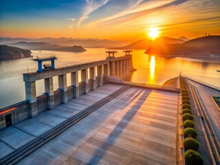 5. Sunrise lights up the dam's concrete slabs, casting long shadows across the Three Gorges Reservoir, China.